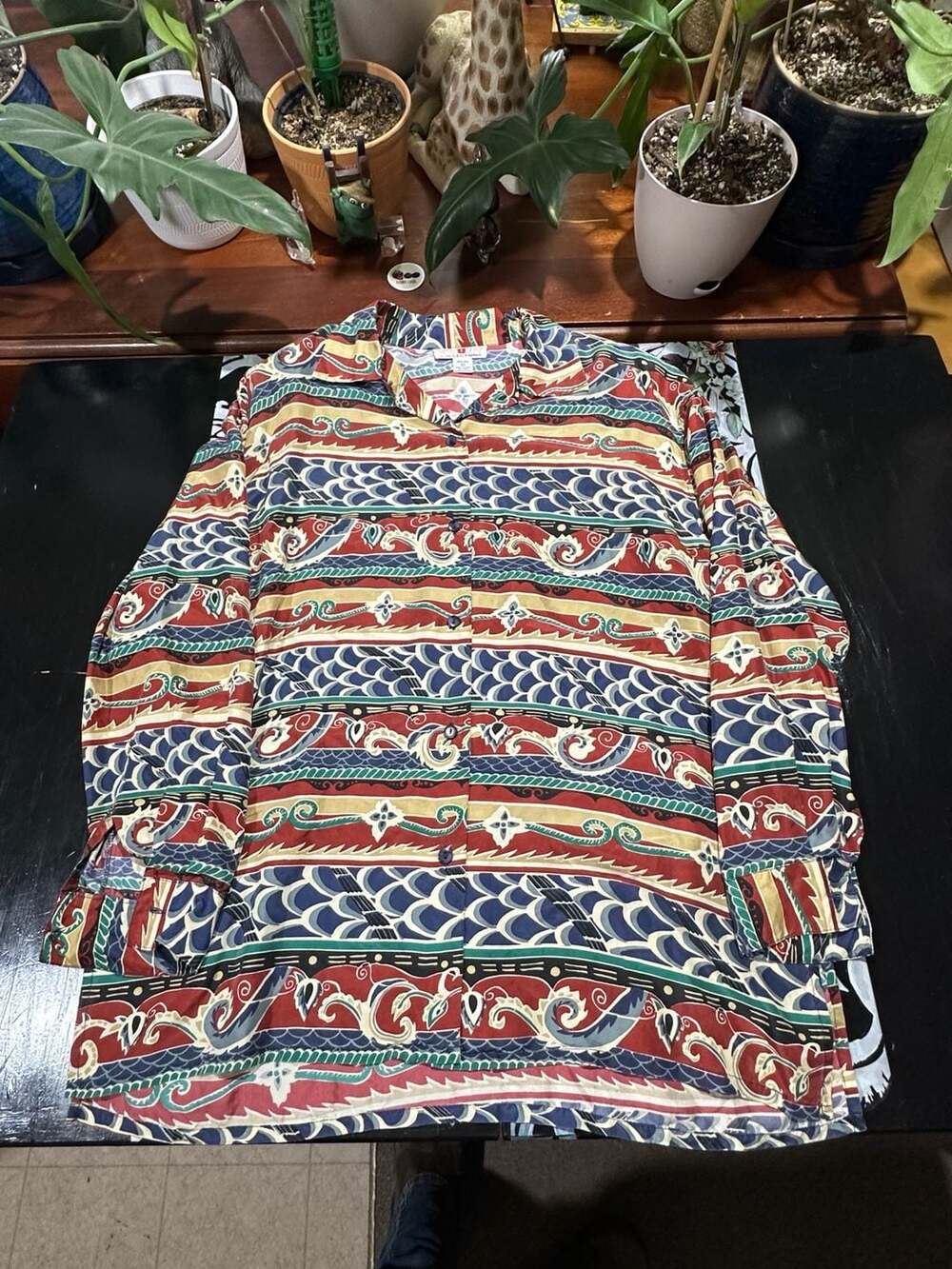 Stunt Collections Vintage 100% Silk Multicolor Long Sleeve Button-Up Shirt(0421)